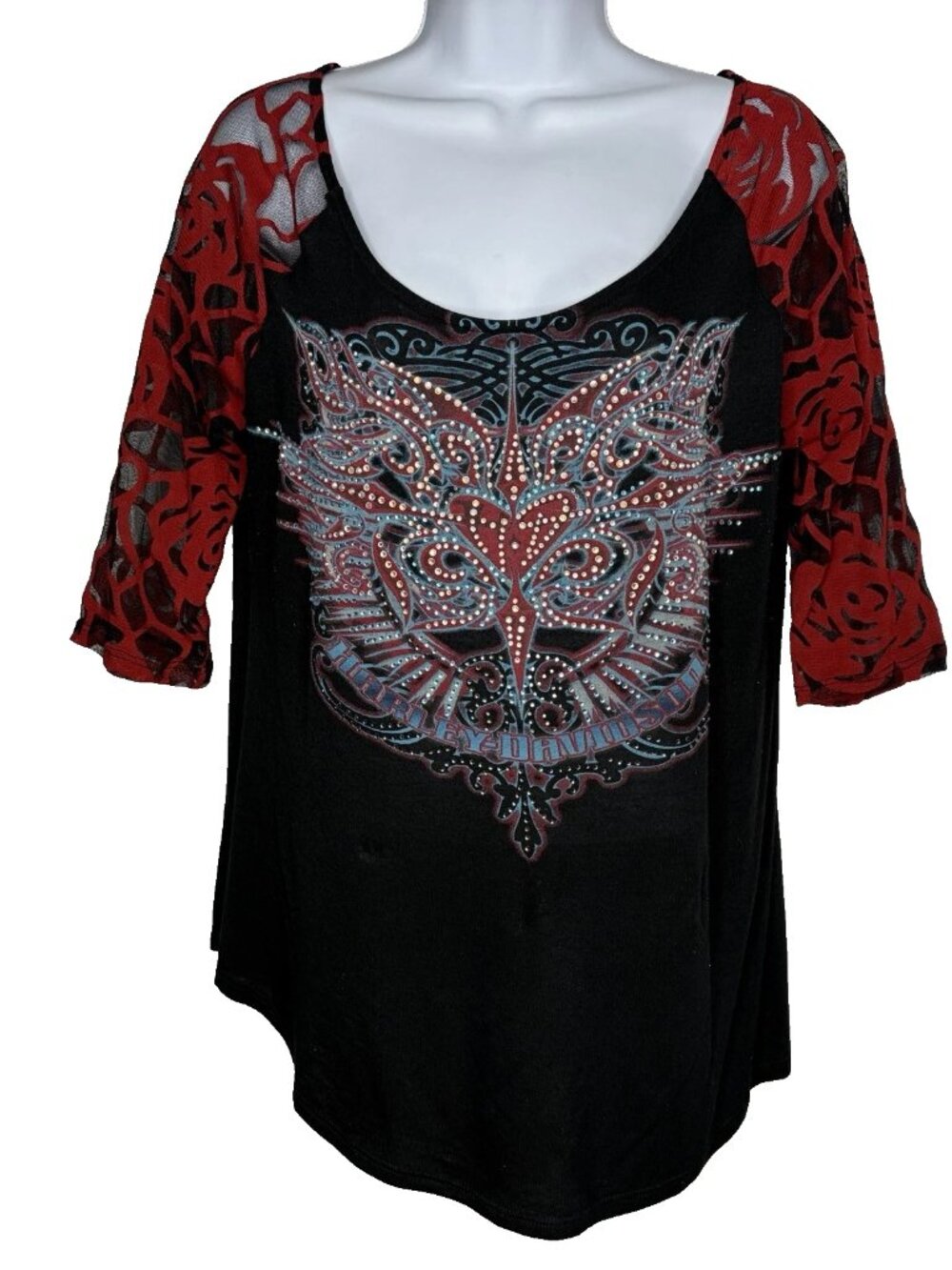 Vintage Y2K Harley Davidson Tunic Top Shirt Sz M Black Red Rhinestone Mesh Rose